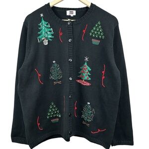 Juli Christmas Cardigan Button Up Black Beaded Textured Size Large